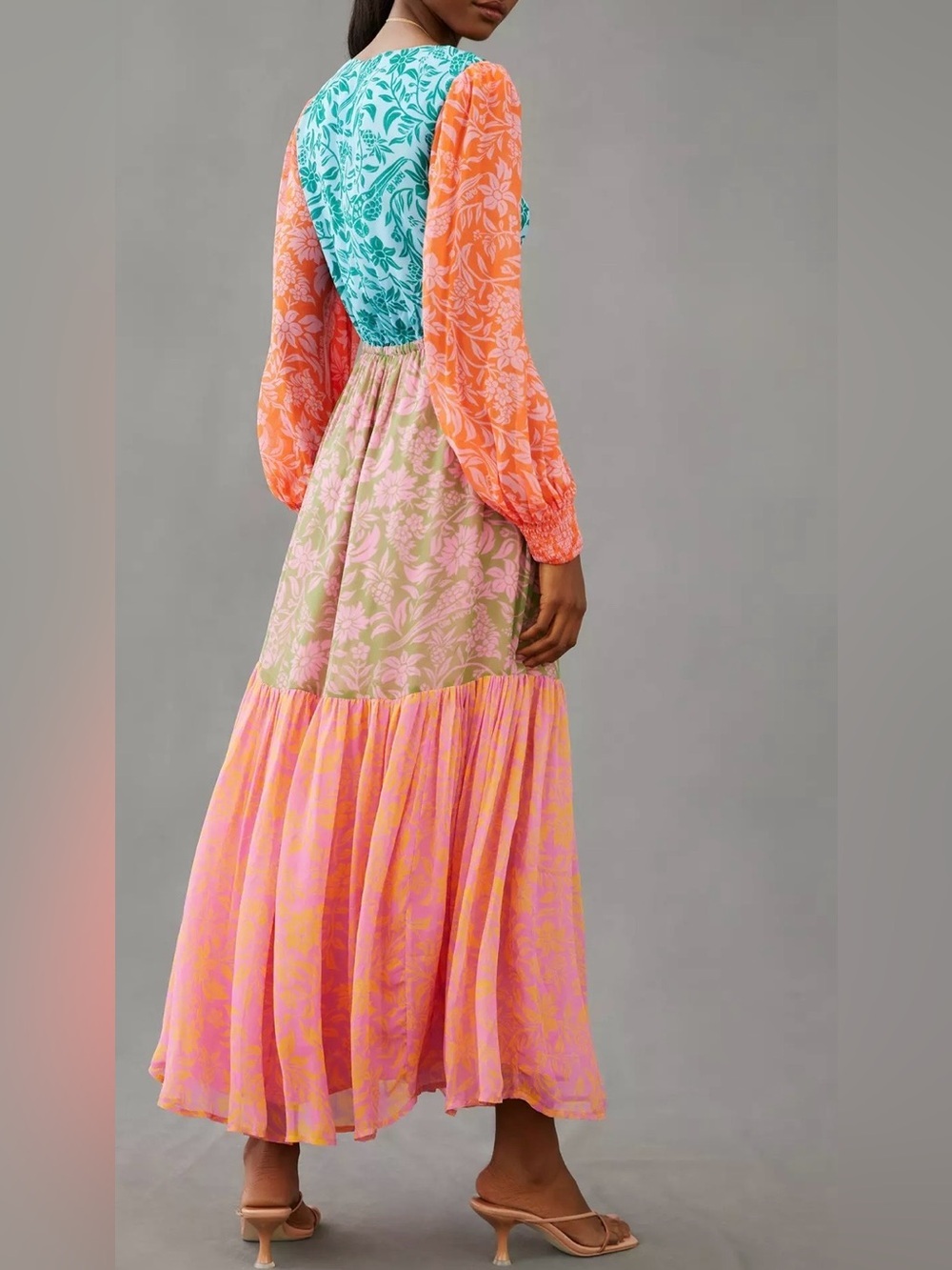 Farm Rio Cutout Maxi Dress Colorblock Floral Maxi Dress with Tie Front S Medium - Picture 2 of 15